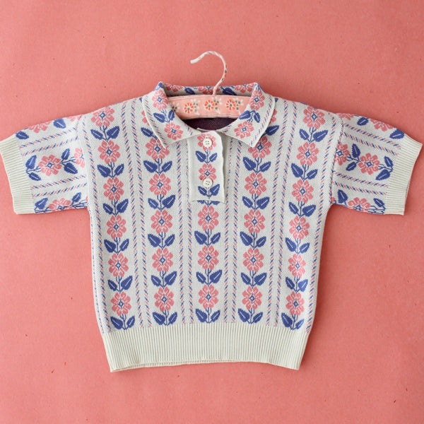 Blue pink flowers jacquard knit polo shirt – Belle Vie Paris