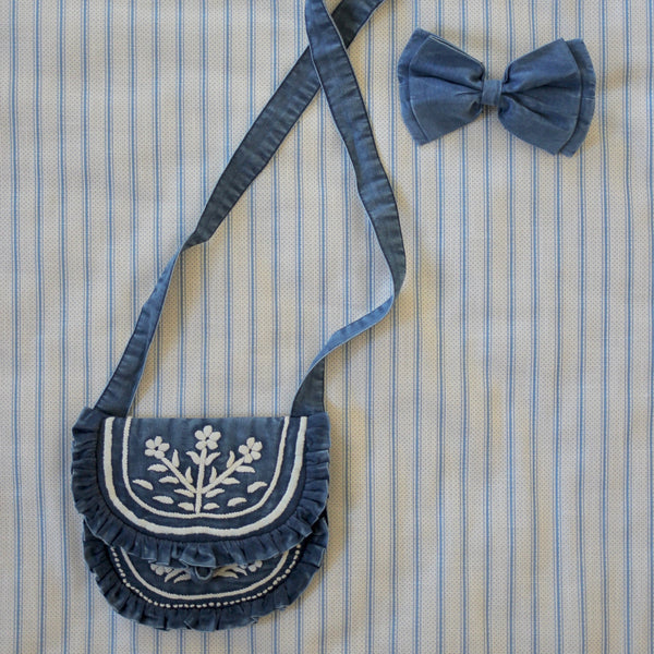 Small Embroidered Bag and its Denim Hair Bow