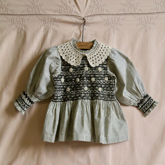 Smocked Striped Blouse with removable crochet collar