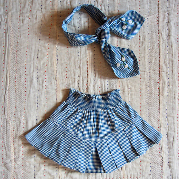 Blue Gingham Pleated Skirt & its tie scarf