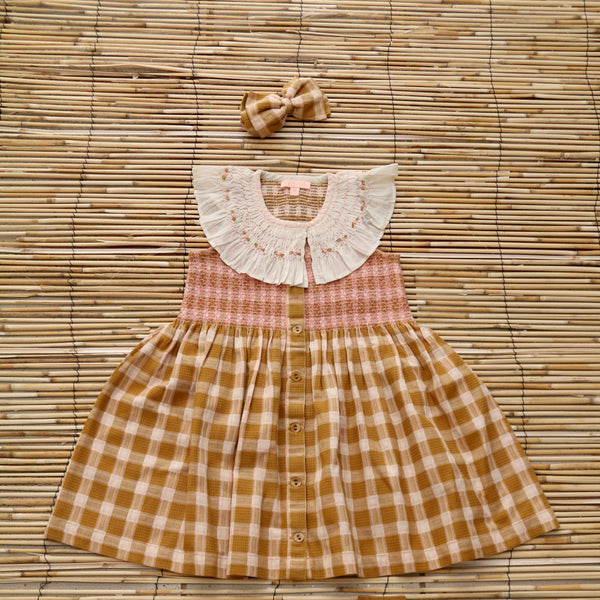 Caramel/Strawberry Gingham American Armhole Tunic and its Bow Hair clip