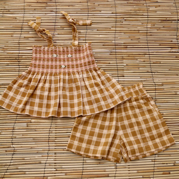 Caramel/strawberry Gingham shorts and top set