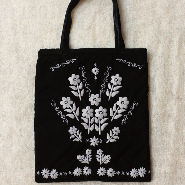 Large black velvet embroidered tote bag