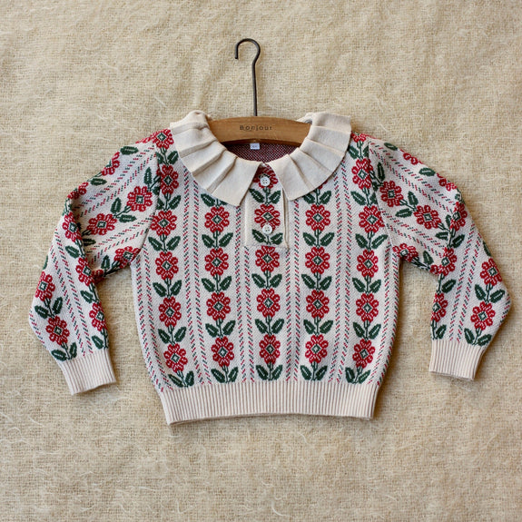 Red flower jacquard knit polo shirt
