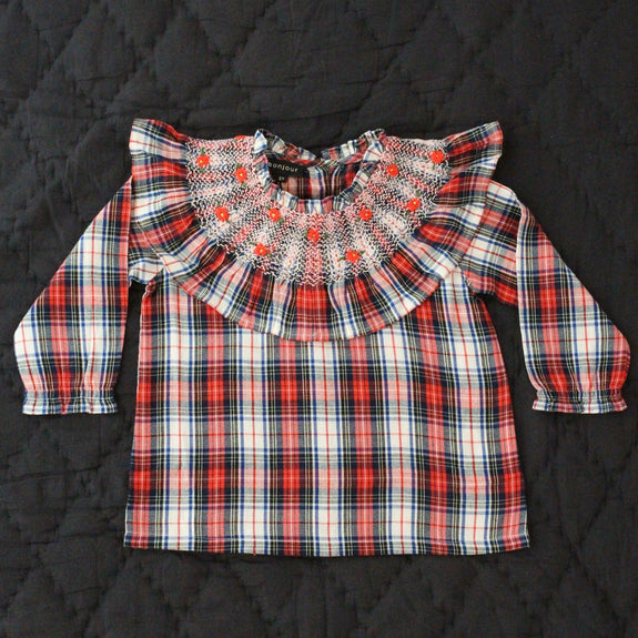 Red tartan check large collar blouse