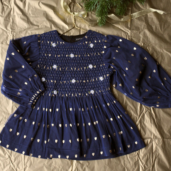 Midnight tulle hand smocked blouse, gold hearts