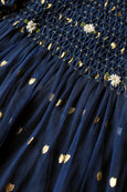 Midnight tulle hand smocked blouse, gold hearts