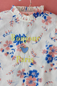 'Bonjour Paris' Pink white blue bouquet ruffled top