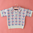 Blue pink flowers jacquard knit polo shirt